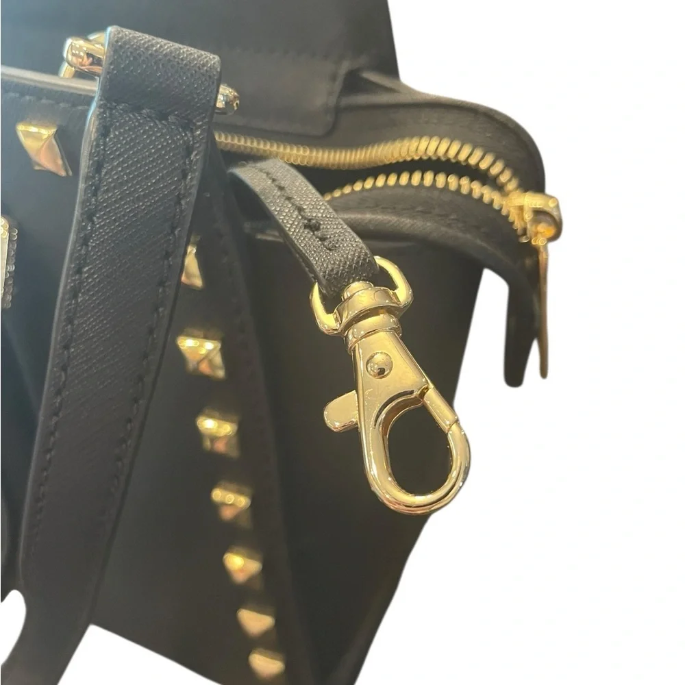 Michael Kors Black Studded Saffiano Leather‎ Satchel Crossbody Medium Purse Bag